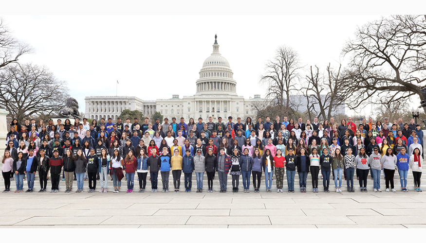 Challenger middle school students on American History Tour outside the United States Capitol building